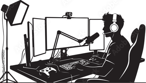 Black silhouette of man wearing headset sitting at desk with computer and microphone