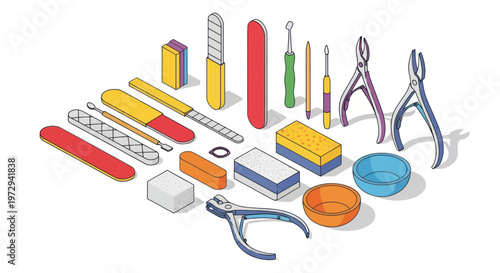 Manicure Tools Set: Nail Files, Clippers, Cuticle Pushers & Buffers - Isometric Illustration