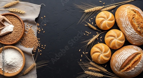 Bakery Ingredients and Fresh Bread Loaves on Dark Background