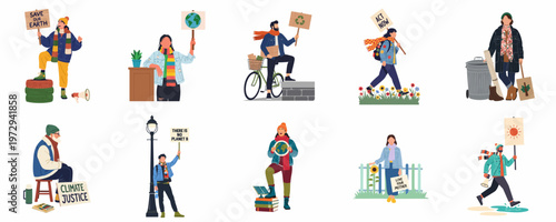 Diverse collection of environmental activists holding placards and symbols for climate change awareness and ecological protection.