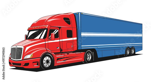 Red and Blue Semi-Trailer Truck, Freight Logistics, Transportation Vehicle