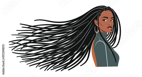 Stylish woman with long flowing braids, windblown hair, confident look