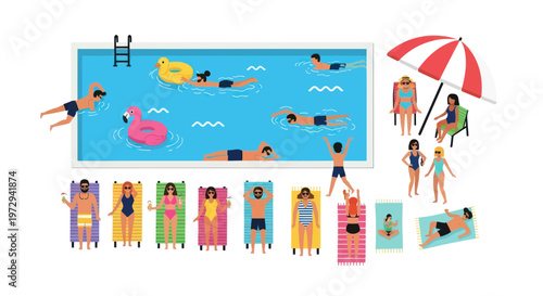 Summer Pool Party: People Relaxing and Swimming in a Pool with Inflatables