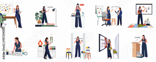 Set of illustrations featuring a businesswoman in a blue jumpsuit engaged in various office tasks like presenting, collaborating, and planning for business success.