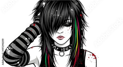 Emo girl with colorful streaks in hair, dark makeup, and spiked collar