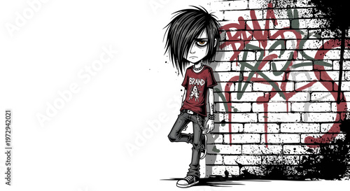 Emo boy leaning on graffiti brick wall, cartoon style