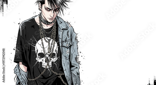 Goth Punk Man with Skull T-shirt and Chains