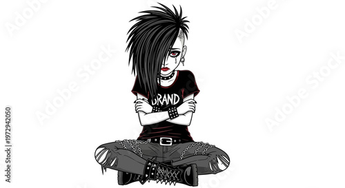 Goth girl with punk hairstyle and ripped jeans sitting cross-legged, looking upset.