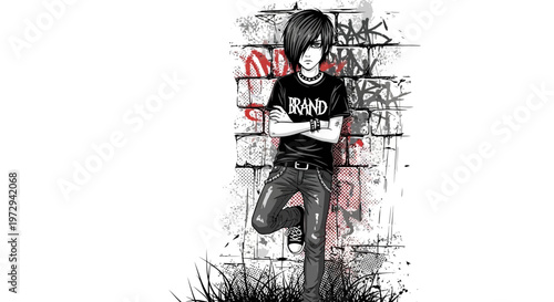 Emo Teenager Boy Leaning on Graffiti Wall