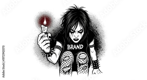 Goth girl holding a lit candle, distressed look, punk fashion, black and white illustration