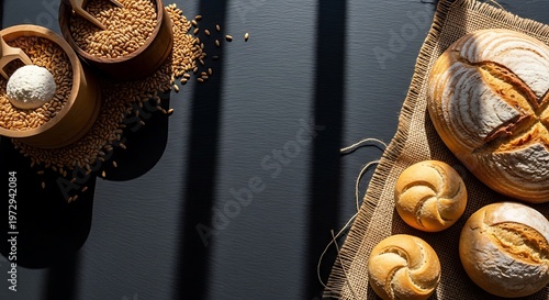 Fresh Artisan Bread Loaf and Grain on Dark Surface