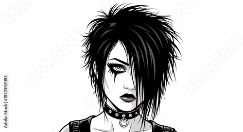 Goth Woman Portrait, Dark Makeup, Spiky Hair, Choker Necklace, Black and White
