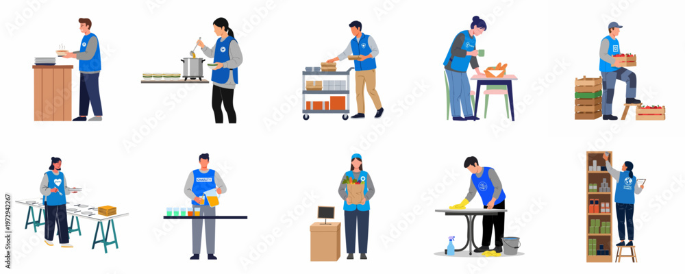 Fototapeta premium Diverse group of volunteers in blue vests performing various charity tasks like food distribution, cleaning, and organizing supplies for community support.
