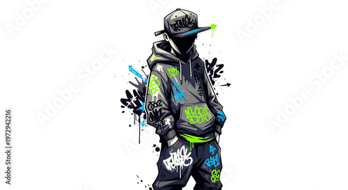 Graffiti style illustration of a person in a hoodie and cap, urban art, street culture