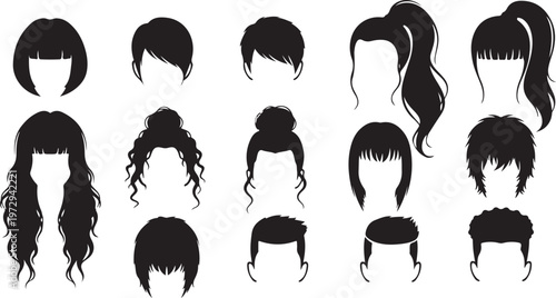 Black silhouettes of various hairstyles on white background