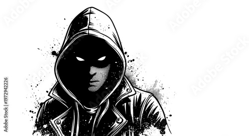 Mysterious hooded figure with glowing eyes, dark and edgy illustration