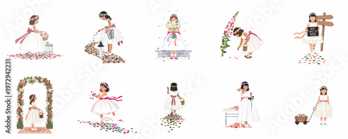 Collection of various illustrations featuring cute flower girls in white dresses participating in wedding ceremonies and scattering flower petals on white background.