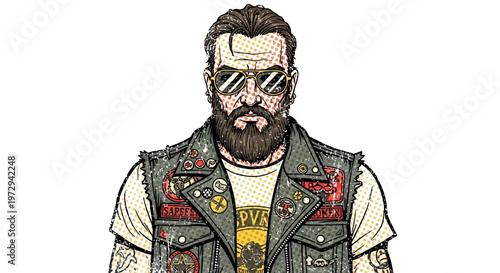 Man with beard and sunglasses wearing a biker vest with patches