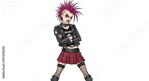 Punk girl with pink mohawk, leather jacket, and plaid skirt, defiant pose