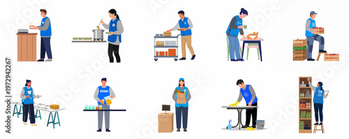 Diverse group of volunteers in blue vests performing various charity tasks like food distribution, cleaning, and organizing supplies for community support.