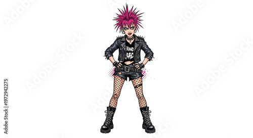 Punk girl with pink mohawk, leather jacket, shorts, and fishnet stockings