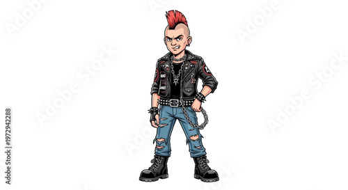 Punk rock boy with mohawk and ripped jeans, standing confidently.