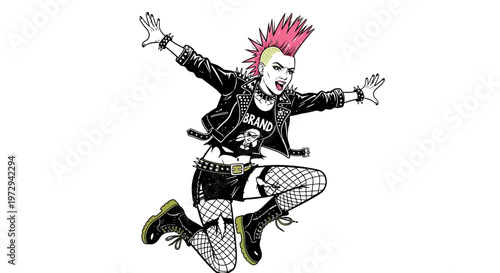Punk rock girl with mohawk jumping, rebellious spirit, energetic, expressive, fashion