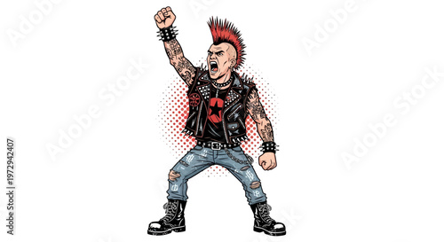 Punk rocker with mohawk and raised fist, rebellious attitude, distressed jeans, leather vest
