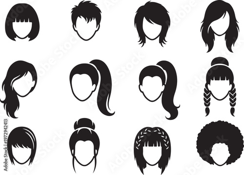 Black silhouette hairstyles on white background silhouettes