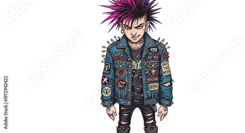 Punk Rocker with Pink Mohawk and Denim Jacket Covered in Patches
