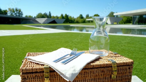Elegant minimalist picnic display pristine linen wicker cutlery carafe in bright modernist landscape park