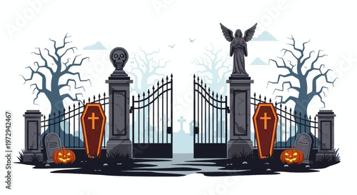 Halloween vector illustration of open cemetery gates with coffins, jack-o'-lanterns, tombstones, angel statue, skull pillar, and bare trees in a foggy graveyard setting.