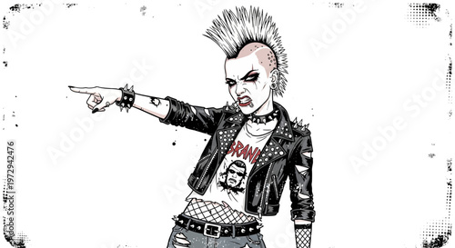 Punk Woman with Mohawk and Leather Jacket Pointing Aggressively