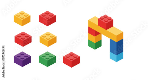 Isometric set of colorful plastic toy building blocks and a small constructed arch structure, featuring red, yellow, green, purple, and blue bricks isolated on a white background.