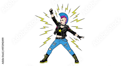 Punk woman with mohawk and ripped jeans, fist raised, lightning background