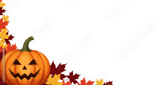 Halloween horizontal background featuring a carved orange jack-o-lantern pumpkin surrounded by red and yellow maple leaves in the bottom corner on white background with copy space.