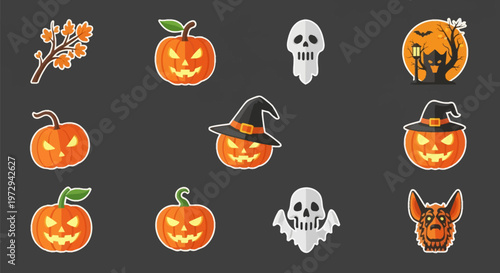 Set of Halloween vector icons including multiple carved jack-o-lantern pumpkins, witch hats, white human skulls, a spooky full moon scene, autumn tree branch, and a dog head sticker.