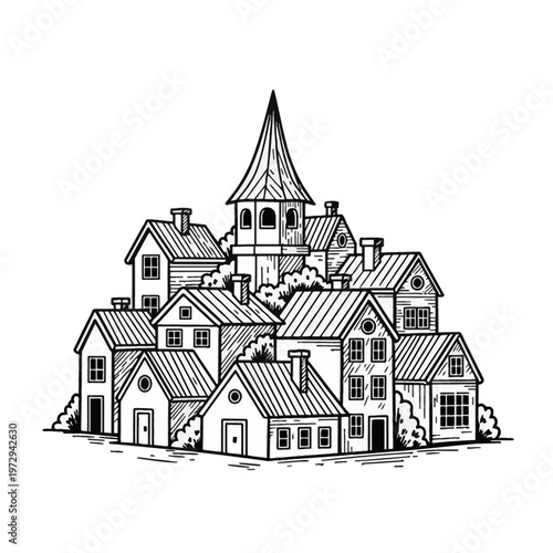 Black and white line art illustration of a traditional European village or old town featuring a cluster of wooden houses with gabled roofs, chimneys, and a central church tower spire.