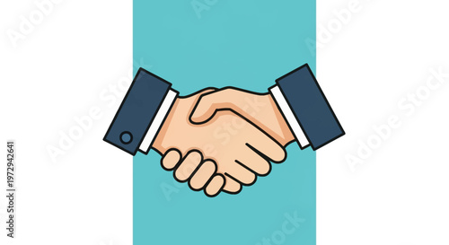 Vector illustration of two people in formal business suits shaking hands, depicting a professional agreement, successful partnership, or greeting on a teal and white background.