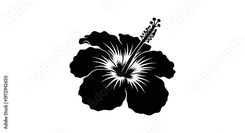 Minimalist black hibiscus flower silhouette icon with detailed stamen and white petal highlights, isolated on a plain white background, tropical floral vector illustration.