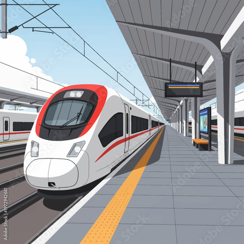Modern white and red high-speed electric commuter train at a covered station platform with overhead wires, passenger information display, and tactile paving under a blue sky.