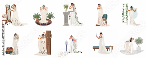 Collection of elegant flat vector illustrations of brides in various white wedding dresses and veils getting ready for their big day.