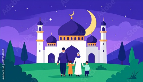 Muslim family silhouette at mosque under crescent moon night sky