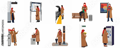 Flat illustration collection of a woman in a brown coat and red scarf navigating through various urban transit and city life scenarios.