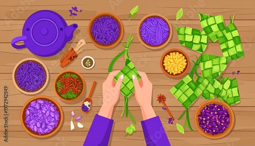 Hands weaving traditional ketupat palm leaf pouches with colorful natural dyes