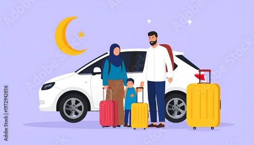 muslim family with luggage preparing for travel under crescent moon night sky