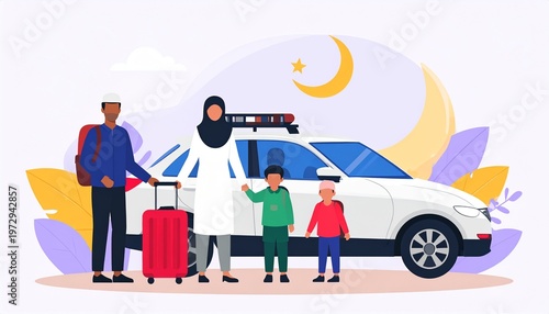Muslim family with luggage preparing for travel at sunrise flat vector illustration