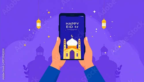 Faceless person holding smartphone with Happy Eid Mubarak greeting and mosque illustration on purple gradient background