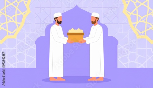 Two men in traditional white attire exchanging gift box during Ramadan celebration