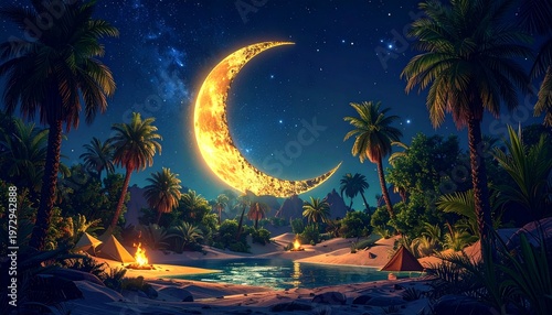 crescent moon over tropical oasis with campfire at night